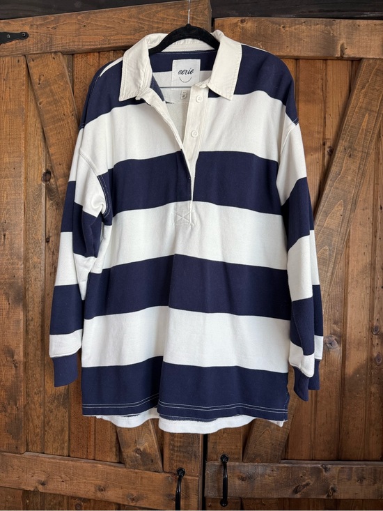 aerie Tops - aerie Navy and White Striped Button-Down Rugby Shirt